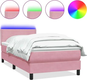 vidaXL Pat cu arcuri cu saltea și LED, roz, 100x220 cm, catifea