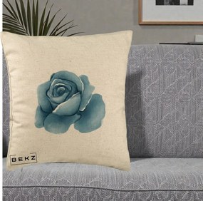 Perna Decorativa Trandafir Albastru Acuarela, 40x40 cm, Bej, Husa Detasabila, Perna Inclusa, BEKZ®