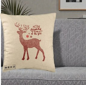 Perna Decorativa Ren de Craciun Glitter Rosu, 40x40 cm, Bej, Husa Detasabila, Perna Inclusa, BEKZ®
