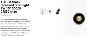 Spot LED incastrabil TULIPA Black recessed downlight 7W 15° 3000K CRI90 triac