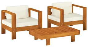 Set mobilier gradina cu perne alb crem, 3 piese, lemn masiv Alb crem, 2x fotoliu + masa, 1