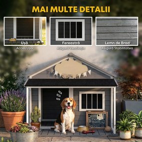 PawHut Casuță din Lemn de Exterior pentru Câini, Cușcă pentru Câini cu Terasă, Fereastră și Acoperiș Impermeabil, 124x112x105 cm, Gri | Aosom Romania