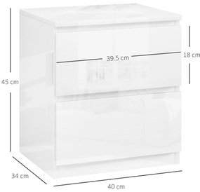 HOMCOM Măsuță de Noapte cu 2 Sertare Măsuță de Noapte pentru Dormitor Sufragerie 40x34x45 cm Alb Lucios | Aosom Romania