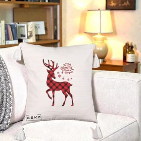 Perna Decorativa Ren Buffalo Plaid Craciun, 40x40 cm, Bej cu Franjuri, Husa Detasabila, Perna Inclusa, BEKZ®