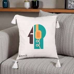 Perna Personalizata Retro Casti Muzicale, 40x40 cm, Bej cu Franjuri, Husa Detasabila, Perna Inclusa, BEKZ®
