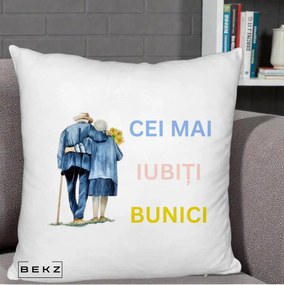 Cadou pentru Bunici - Perna Personalizata Cei Mai Iubiti Bunici Acuarela Spate, 40x40 cm, Alb Pufos, Husa Detasabila, Perna Inclusa, BEKZ®