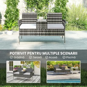 Outsunny Bancă de Grădină cu 2 Locuri din Rattan și Oțel, Bancă de Exterior cu Perne și Măsuță Centrală cu Blat din Sticlă Securizată, 135x64x81 cm, Gri Închis | Aosom Romania