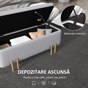 HOMCOM Bancă de Depozitare cu Șezut Tapițat și Picioare Lăcuite Aurii, 100x40x42 cm, Gri | Aosom Romania