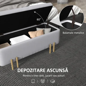 HOMCOM Bancă de Depozitare cu Șezut Tapițat și Picioare Lăcuite Aurii, 100x40x42 cm, Gri | Aosom Romania