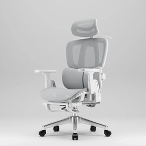 MILANO E06 Executive – Scaun Ergonomic cu Suport Lombar Reglabil în 2 Trepte, Tetieră Reglabilă, Cotiere 3D, Reclinare 135°, Umeraș Integrat, Suport pentru Picioare și Bază Metalică, Mesh, Gri