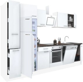 Mobilă de bucătărie Yorki 310, corp alb, față alb satinat, element cuptor inferior, frigider congelator superior