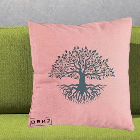 Perna Decorativa Copacul Vietii Teal cu Radacini, 40x40 cm, Roz, Husa Detasabila, Perna Inclusa, BEKZ®
