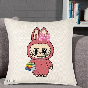 Perna Personalizata Labubu Roz cu Funda si Carti, 40x40 cm, Crem Reliefat, Husa Detasabila, Perna Inclusa, BEKZ®
