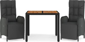 vidaXL Set mobilier de grădină cu perne, 3 piese, negru, poliratan