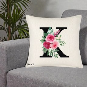 Cadou Personalizat - Perna Personalizata Monograma Florala Litera K, 40x40 cm, Crem Reliefat, Husa Detasabila, Perna Inclusa, BEKZ®