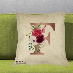 Cadou Personalizat - Perna Personalizata Monograma Rose Gold Litera F, 40x40 cm, Crem, Husa Detasabila, Perna Inclusa, BEKZ®