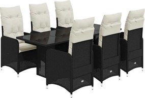 vidaXL Set bistro de grădină, 7 piese, cu perne, negru, poliratan