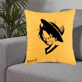 Perna Personalizata One Piece Luffy Silueta Alb-Negru, 40x40 cm, Galben, Husa Detasabila, Perna Inclusa, BEKZ®