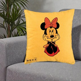 Perna Personalizata Minnie Mouse cu Fundita, 40x40 cm, Galben, Husa Detasabila, Perna Inclusa, BEKZ®