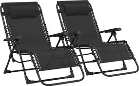 Outsunny Set de 2 șezlonguri pentru bronzat, șezlong pliant reglabil cu tetieră din textilenă, 90 x 65 x 112 cm, negru | Aosom Romania
