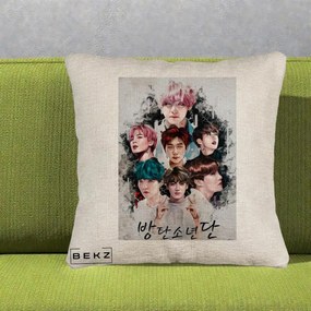 Perna Personalizata K-pop BTS Bangtan Boys Poster Artistic Negru Alb, 40x40 cm, Bej Canapea, Husa Detasabila, Perna Inclusa, BEKZ®