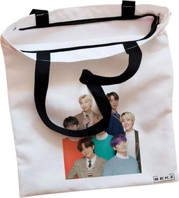 Sacosa de Panza pentru Cumparaturi, Geanta Tote, model BTS Army 5, Cu fermoar, 38x34.5 cm, Alba, BEKZ®