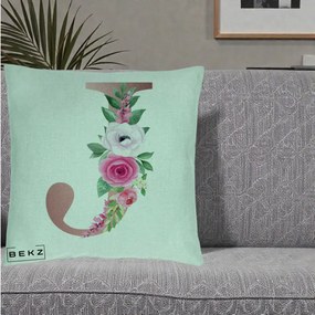 Cadou Personalizat - Perna Personalizata Monograma Rose Gold Litera J, 40x40 cm, Verde Menta, Husa Detasabila, Perna Inclusa, BEKZ®