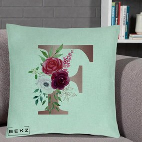 Cadou Personalizat - Perna Personalizata Monograma Rose Gold Litera F, 40x40 cm, Verde Menta, Husa Detasabila, Perna Inclusa, BEKZ®