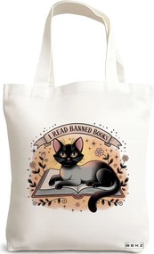 Sacosa de Panza pentru Cumparaturi, Geanta Tote, model I read banned books 38 x 34.5 cm, Alba, BEKZ®