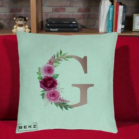 Cadou Personalizat - Perna Personalizata Monograma Rose Gold Litera G, 40x40 cm, Verde Menta, Husa Detasabila, Perna Inclusa, BEKZ®