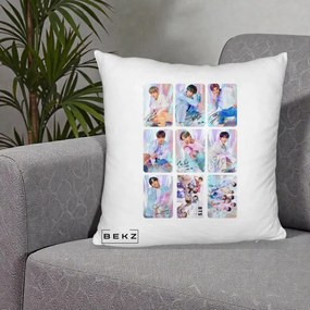 Perna Personalizata K-pop BTS Colaj 9 Fotografii Autografe Individual, 40x40 cm, Alb Pufos, Husa Detasabila, Perna Inclusa, BEKZ®