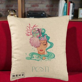 Perna Personalizata Zodiac Pesti Cowgirl, 40x40 cm, Bej, Husa Detasabila, Perna Inclusa, BEKZ®