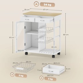 HOMCOM Cărucior de Bucătărie din Bambus cu 2 Sertare, Dulap, Raft și 2 Coșuri din Oțel, 67x35x80 cm, Alb | Aosom Romania