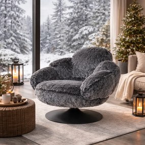 Fotoliu de relaxare rotativ 360° tip Lounge, tapițerie Mink Cashmere, bază metalică neagră Ø60 cm, Gri, 96x93x78 cm