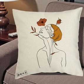 Perna Decorativa Portret Feminin Mac Privire Inalta, 40x40 cm, Ecru, Husa Detasabila, Perna Inclusa, BEKZ®