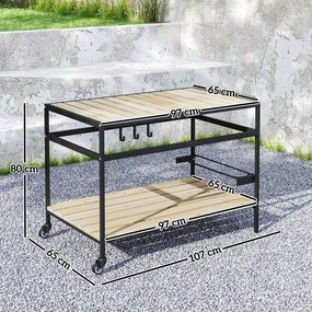Outsunny Cărucior cu Roți din Lemn cu 2 Rafturi, 3 Cârlige, Blat cu Lamele și Mâner 107x65x80 cm Natural | Aosom Romania