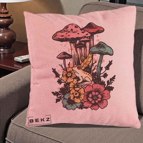 Perna Decorativa Ciuperci si Broaste Boho, 40x40 cm, Roz, Husa Detasabila, Perna Inclusa, BEKZ®
