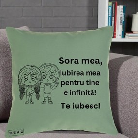 Cadou pentru Sora - Perna Personalizata Sora Mea Te Iubesc Copii Anime Line Art, 40x40 cm, Verde, Husa Detasabila, Perna Inclusa, BEKZ®