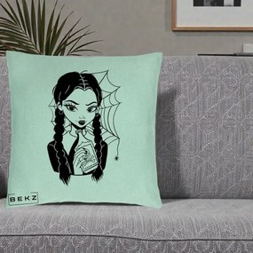 Perna Personalizata Wednesday cu Panza de Paianjen, 40x40 cm, Verde Menta, Husa Detasabila, Perna Inclusa, BEKZ®