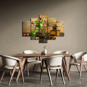 Tablou - lalele, râșniță și cafea (150x105 cm)