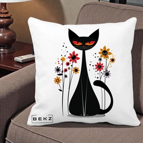 Perna Decorativa Pisica Neagra Ochi Rosii Flori, 40x40 cm, Alba Mata, Husa Detasabila, Perna Inclusa, BEKZ®