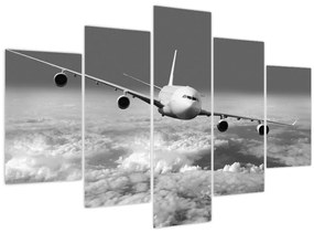 Tablou - Avion în nori, alb și negru (150x105 cm)
