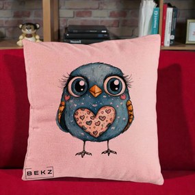 Perna Decorativa Bufnita Albastra cu Inimioare, 40x40 cm, Roz, Husa Detasabila, Perna Inclusa, BEKZ®