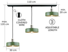 Lustră pe cablu HAKI 3xE27/60W/230V verde/crom lucios