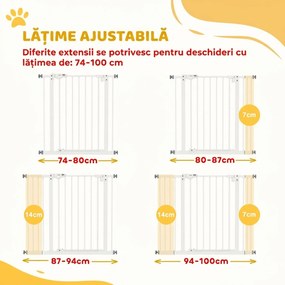 PawHut Poartă Extensibilă pentru Câini fără Șuruburi, Poartă de Siguranță Reglabilă cu 2 Extensii, 94-100 cm, Alb | Aosom Romania