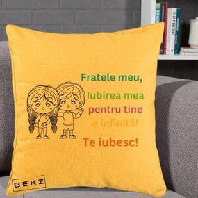 Cadou pentru Frate - Perna Personalizata Fratele Meu Te Iubesc Copii Anime Colorat, 40x40 cm, Galben, Husa Detasabila, Perna Inclusa, BEKZ®