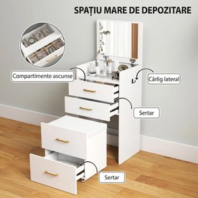 HOMCOM Masă de machiaj 3 în 1 cu oglindă rabatabilă, taburet retractabil, 3 sertare și blat din sticlă, alb | Aosom Romania