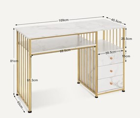 BIAU201 - Birou 109 cm, Masa Manichiura, masa de calculator cu 3 sertare, office, Imitatie de Marmura - Alb / Negru - Auriu