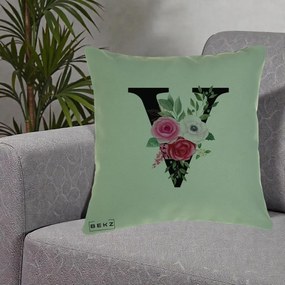 Cadou Personalizat - Perna Personalizata Monograma Florala Litera V cu Buchet, 40x40 cm, Verde, Husa Detasabila, Perna Inclusa, BEKZ®