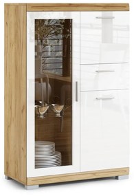 Mazzoni Comodă SIMPLE KWD3SZ1 Stejar Craft Auriu/Alb Luciu - VITRINA DULAP CU RAFTURI PENTRU LIVING STICLĂ CU LUCIU